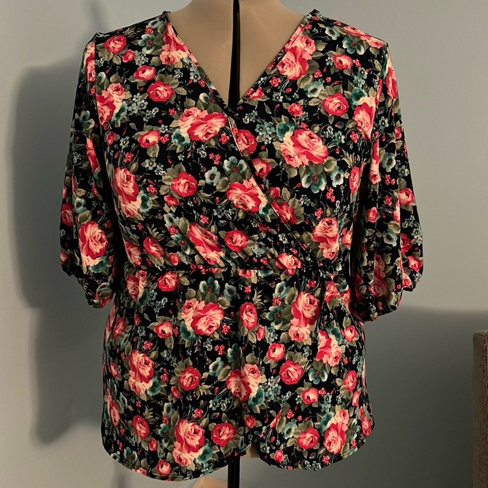 Rose Pattern 3/4 Sleeve Peplum Top * Wrap V-neck Shirt Blouse 3X Navy Pink Green